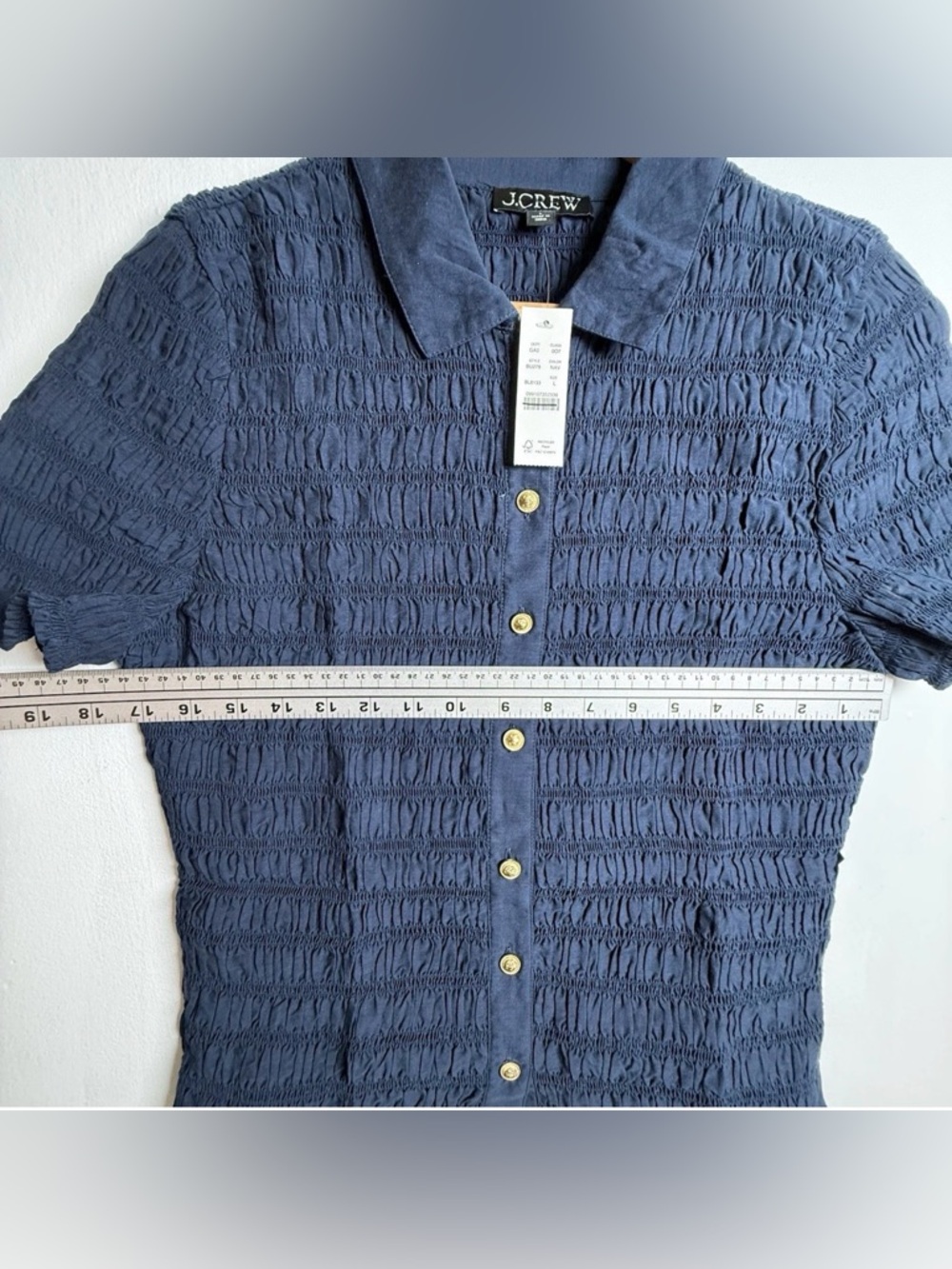 J.CREW Navy Smocked button-up shirt in cotton-blend voile Size L New - Picture 5 of 7